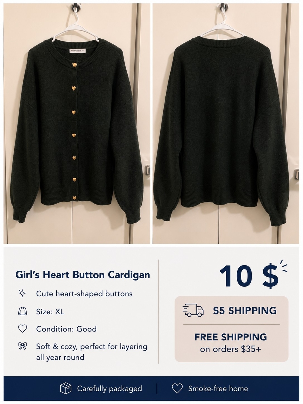 Dark Green Heart-Button Cardigan Sweater